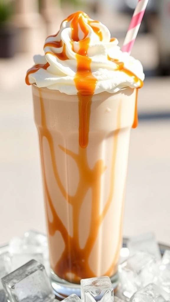 A tall glass of caramel frappe topped with whipped cream and caramel syrup, with ice cubes and a straw.